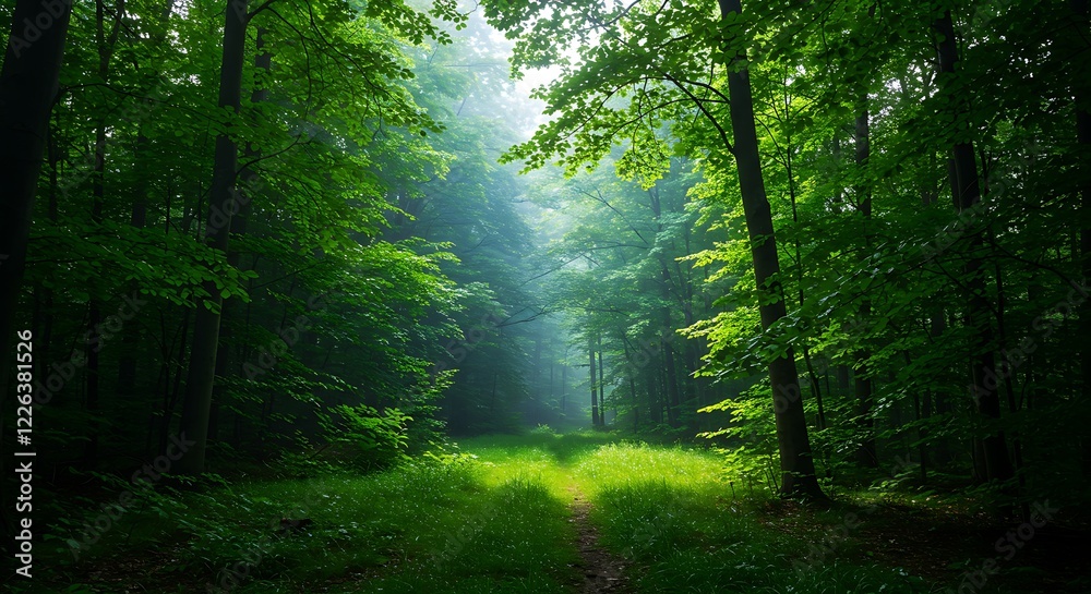 Fototapeta premium Peaceful Forest Path Sunlight Green Trees Nature Photography