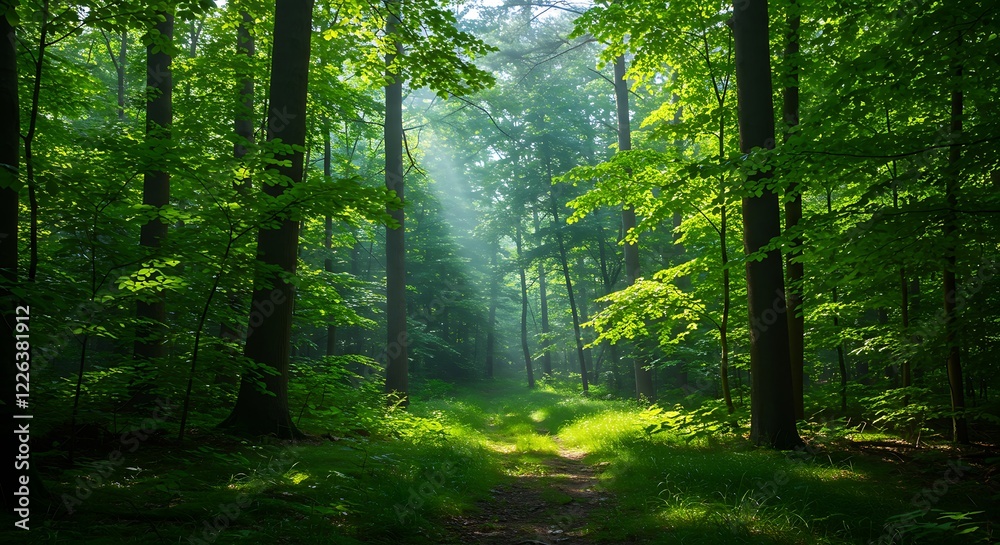 Fototapeta premium Sunlit Forest Path Green Trees Nature Photography
