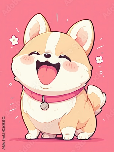 A happy corgi dog in kawaii style, happily walking and smiling, spreading positivity and playful energy to everyone. photo