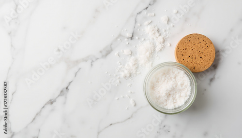 Salt in a glass jar on marble countertop