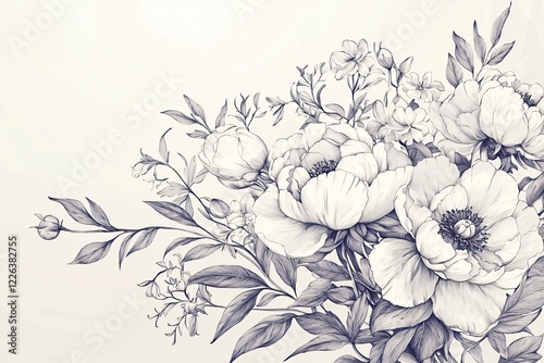 Elegant monochrome floral illustration featuring peonies and delicate blossoms on a soft background