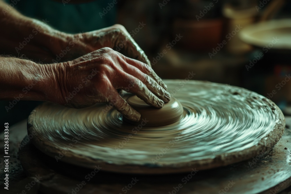 Craftsman Shaping Clay on Pottery Wheel with Hands in Focus