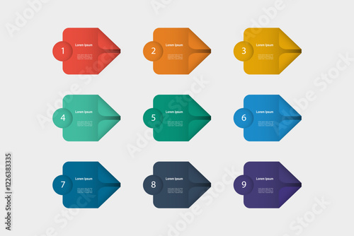business concept with 9 steps, multicolor shape ,design for workflow layout, diagram, annual report, web design. vector