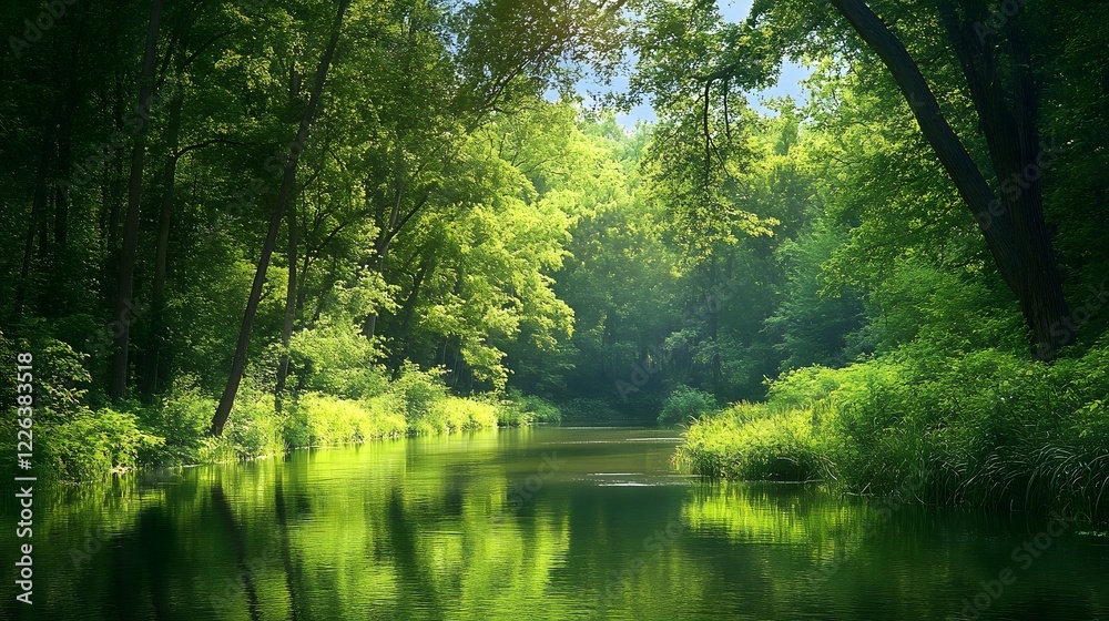 A wide, tranquil river winding through a dense forest A wide, tranquil river winding through a dense forest