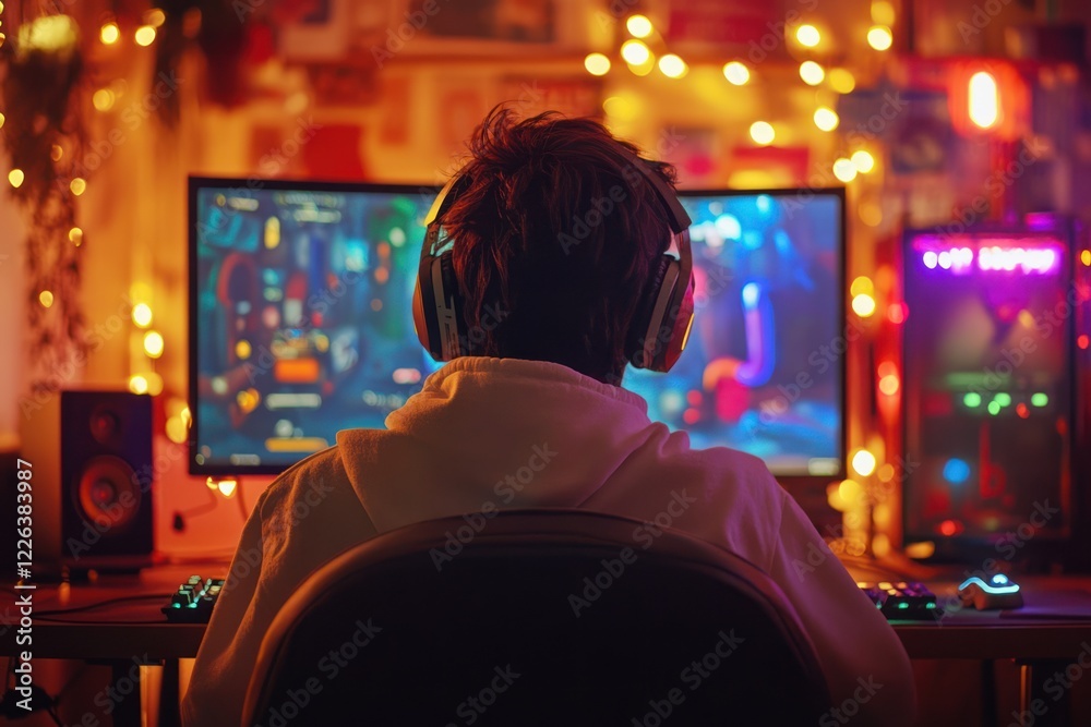 Fototapeta premium Gamer plays video game at night in colorful room