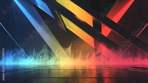  Vibrant neon light beams reflect on water, forming abstract geometric shapes against a dark futuristic cityscape, creating a surreal, high-contrast sci-fi atmosphere..