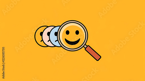 3D-rendered emoji faces with happy and sad expressions under a magnifying glass on a yellow background, showcasing contrast, mood evaluation, and a pop art style..