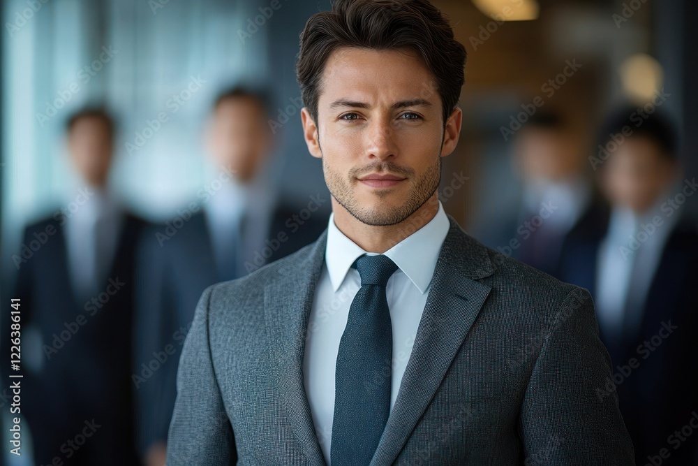 Confident Young Businessman in Tailored Suit in Backlight with Blurred Colleagues in Modern Corporate Office Confident Young Businessman in Tailored Suit in Backlight with Blurred Colleagues in Modern Corporate Office