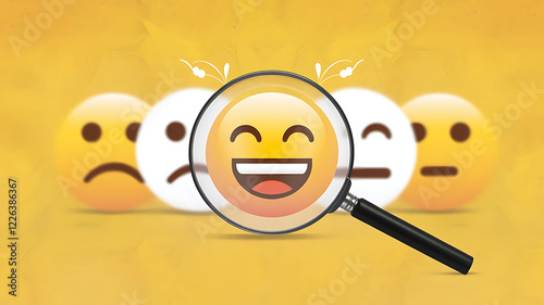 3D-rendered emoji faces with happy and sad expressions under a magnifying glass on a yellow background, showcasing contrast, mood evaluation, and a pop art style..