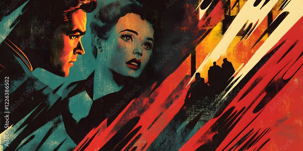 Fototapeta premium Captivating Retro Movie Poster from the 1950s Featuring Dramatic Characters and Vibrant Color Design