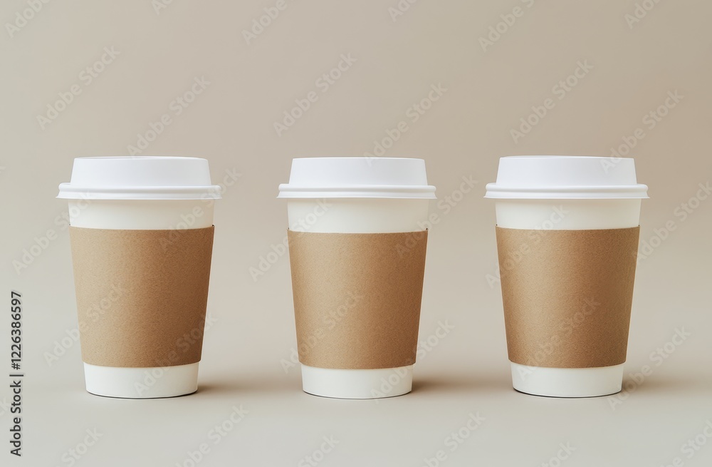 Three takeaway coffee cups with blank kraft paper sleeves on beige background. Three takeaway coffee cups with blank kraft paper sleeves on beige background.