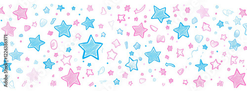 Colorful stars and shapes on light background create playful pattern