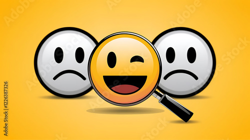 3D-rendered emoji faces with happy and sad expressions under a magnifying glass on a yellow background, showcasing contrast, mood evaluation, and a pop art style..