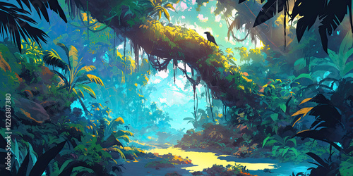 Fototapeta Naklejka Na Ścianę i Meble -  Anime style jungle background, deep rainforest green vibrant backdrop, nature scene cartoon graphics