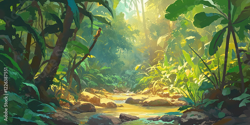 Fototapeta Naklejka Na Ścianę i Meble -  Anime style jungle background, deep rainforest green vibrant backdrop, nature scene cartoon graphics