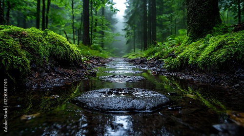 Misty forest path, stream reflections, mossy banks, tranquil nature scene; ideal for travel brochures
