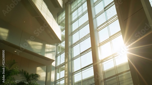 Architectural interior with sunlight streaming through large glass windows creating a warm glow