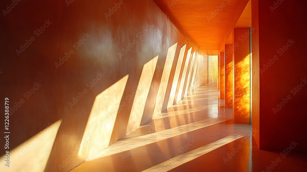 Obraz premium Warm light streams through angled hallway creating vibrant orange ambiance. AI Generated