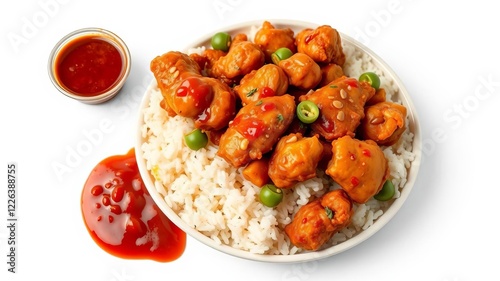 General Tsos chicken dish with fried breaded chicken pieces, spicy sauce, and mixed vegetables served on a bed of fluffy white rice, classic American Chinese cuisine, isolated, white background, meal photo