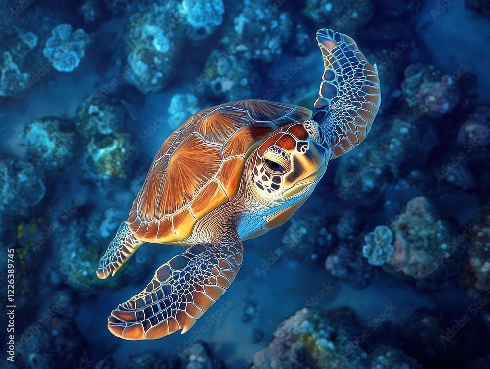 Fototapeta premium Vibrant Sea Turtle Swimming Gracefully Over Colorful Coral Reef in Clear Blue Ocean, Capturing the Beauty of Marine Life and Underwater Ecosystem