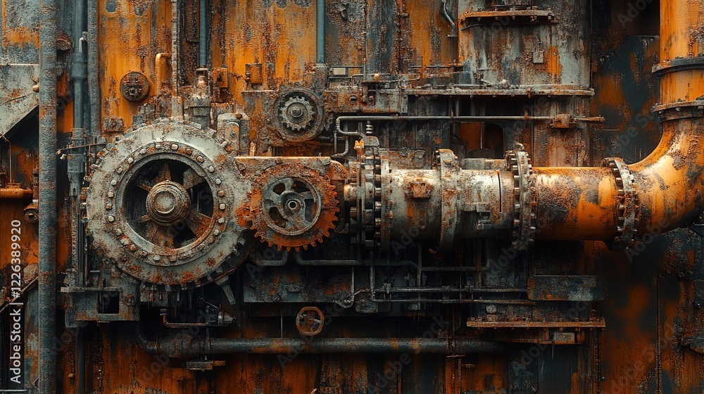 Rusty pipes and gears on an oil rig, close-up with intricate mechanical details Rusty pipes and gears on an oil rig, close-up with intricate mechanical details