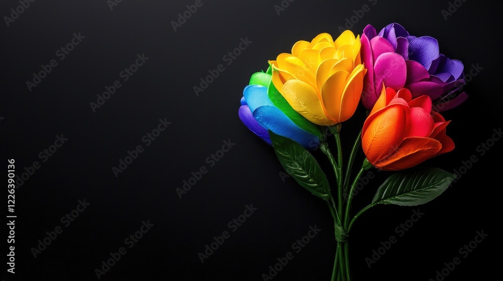 Obraz premium Vibrant rainbow colored artificial flowers arranged in a bouquet against a dark black background.