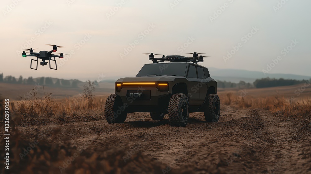 Autonomous vehicle testing concept. A rugged vehicle and a drone in a vast outdoor landscape, showcasing advanced technology in exploration. Autonomous vehicle testing concept. A rugged vehicle and a drone in a vast outdoor landscape, showcasing advanced technology in exploration.