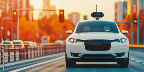 Autonomous vehicle testing concept. Autonomous vehicle on a city street during sunset, showcasing modern technology and urban life.