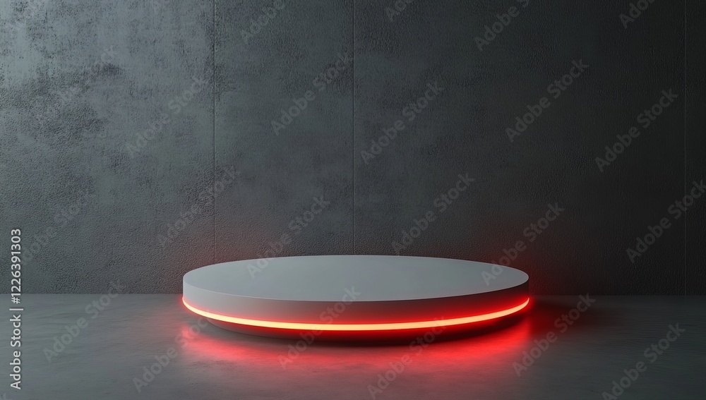 White circular podium with red neon light on concrete background. White circular podium with red neon light on concrete background.