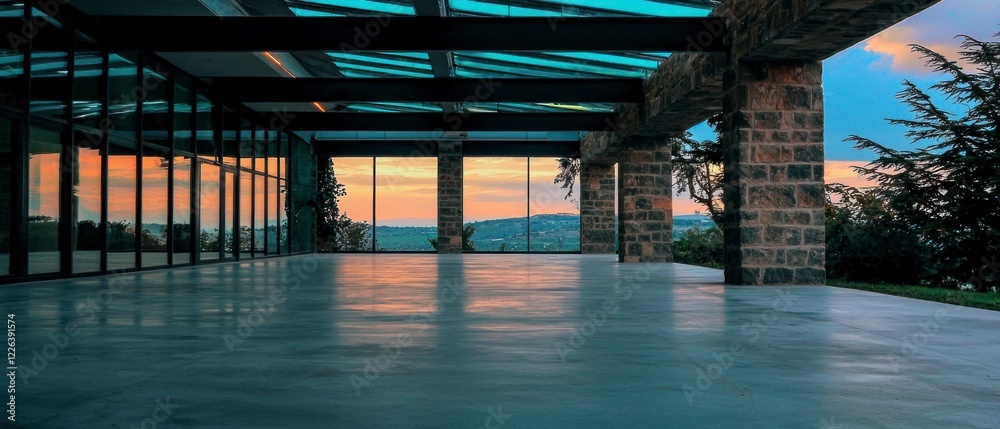 Fototapeta premium Modern Architecture Sunset View Glass Walls Stone Pillars Empty Interior Space