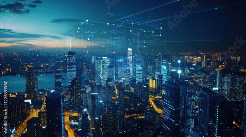 Wallpaper Mural Nighttime cityscape with digital overlay of networking lines and connection points Torontodigital.ca