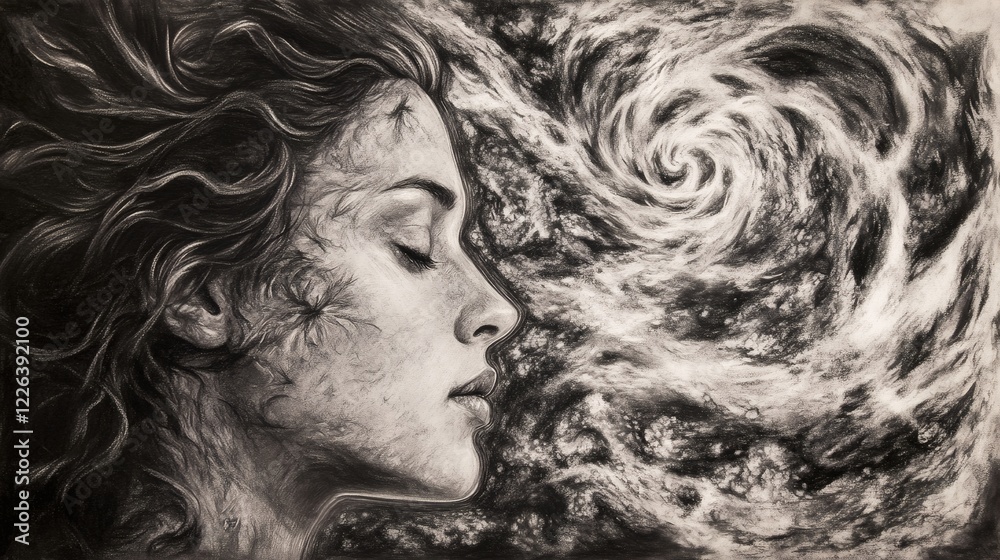 Serene Woman and Cosmic Swirl A Black and White Charcoal Drawing Serene Woman and Cosmic Swirl A Black and White Charcoal Drawing