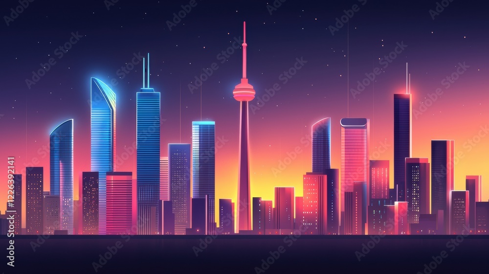 Fototapeta premium Vibrant City Skyline Glowing at Dusk with AI Powered Design