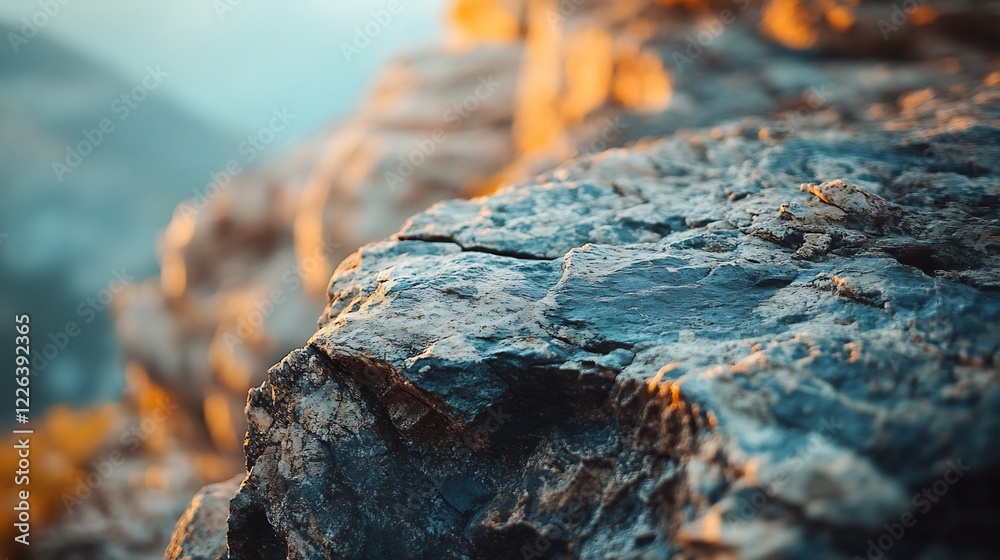 Warm sunlight illuminates rugged textured rocks mountaintop landscape. AI Generated