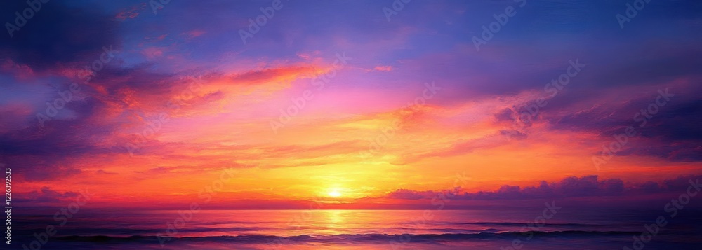 Vibrant Sunset Over Ocean with Fiery Colors and Dreamy Atmosphere at Dusk Vibrant Sunset Over Ocean with Fiery Colors and Dreamy Atmosphere at Dusk