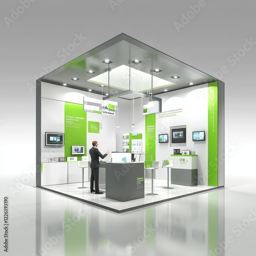 Modern trade show booth with presenter, screens, and green accents.