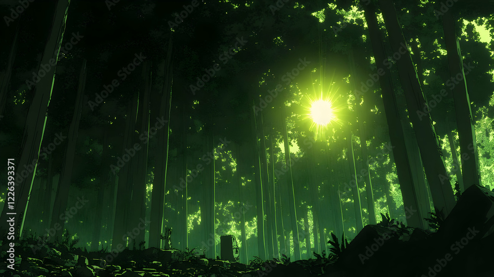 Obraz premium Sunlit Forest Path, Mystical Mood, Game Background
