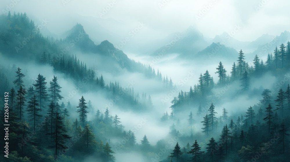 Serene Forest Landscape in Fog with Green Trees and Soft Light Serene Forest Landscape in Fog with Green Trees and Soft Light