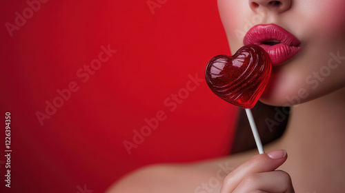 Close up of a woman with red lipstick and a valentine heart lolly