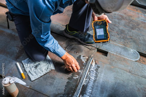 UT, Ultrasonic testing to detect imperfection or defect in welding of steel plate structure in factory. NDT Inspection.
