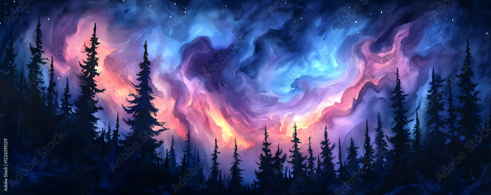 Fototapeta premium Night sky, forest, vibrant clouds, fantasy art, wallpaper