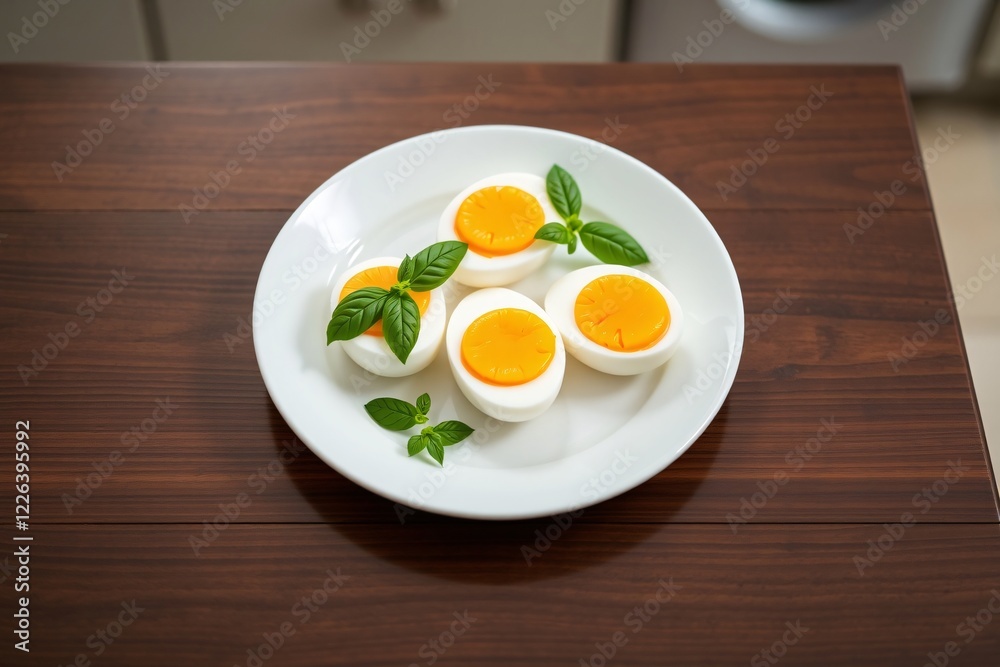 Boiled eggs garnished with fresh basil leaves, served on a white dish atop a wooden table, creating a visually appealing blend of colors and freshness. Boiled eggs garnished with fresh basil leaves, served on a white dish atop a wooden table, creating a visually appealing blend of colors and freshness.