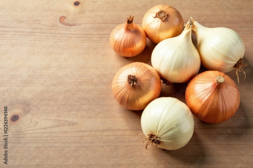 A Group of Freshly Harvested Onions on a Light Brown Wooden Surface A Group of Freshly Harvested Onions on a Light Brown Wooden Surface