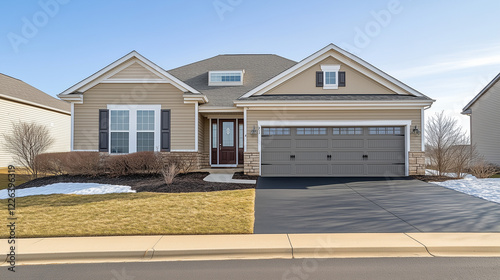  Inviting Single-Story Home with Attached Garage and Manicured Lawn, Ideal for Real Estate Listings and Home Design Content, Showcasing Suburban Living and Curb Appeal. photo