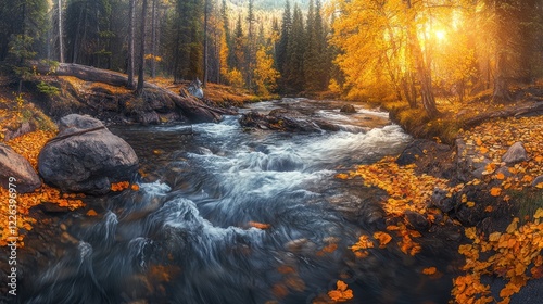 Autumn stream flows through golden forest