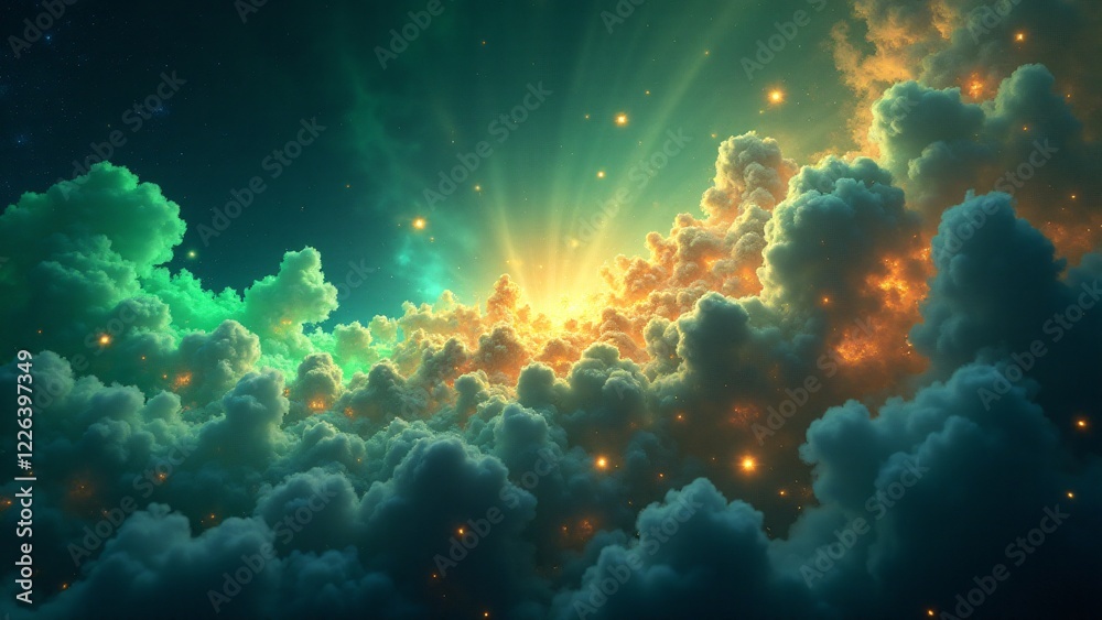 Obraz premium A vibrant nebula of swirling banknotes and glowing coins radiates emerald, gold, and blue hues, evoking cosmic abundance and celestial wealth.