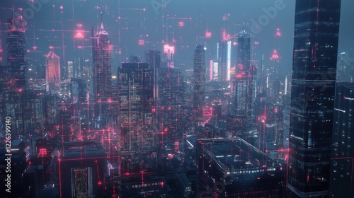 Wallpaper Mural A futuristic cityscape with glowing red network lines overlaying a night view of skyscrapers Torontodigital.ca