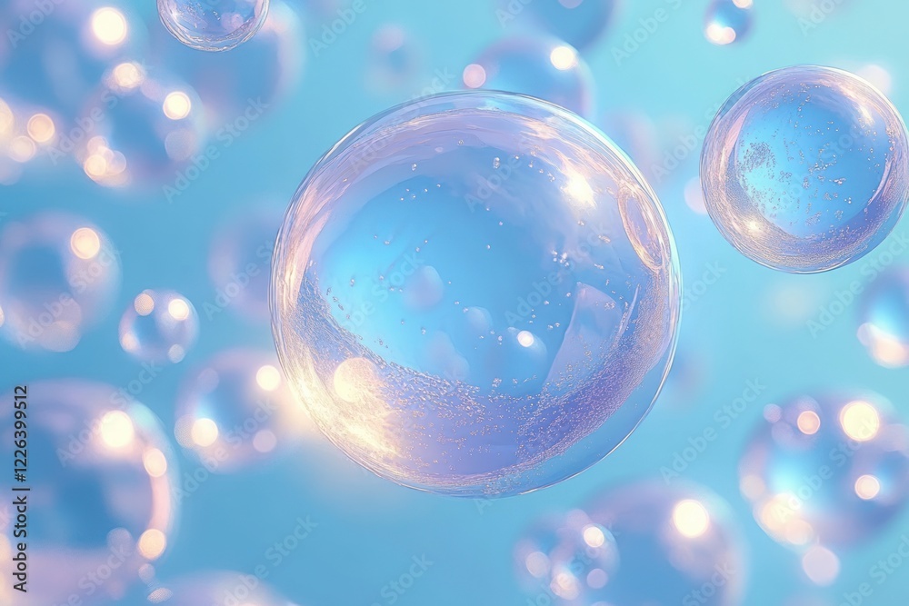 Translucent Bubbles Floating on Pastel Blue Background