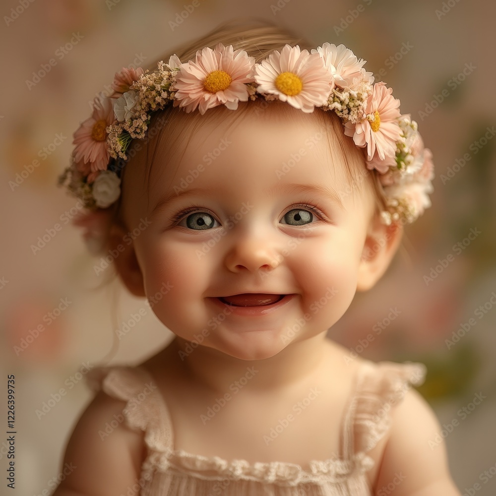 A cheerful baby wearing a floral headband, symbolizing innocence and joy. Perfect for parenting, family, and care ads. A cheerful baby wearing a floral headband, symbolizing innocence and joy. Perfect for parenting, family, and care ads.