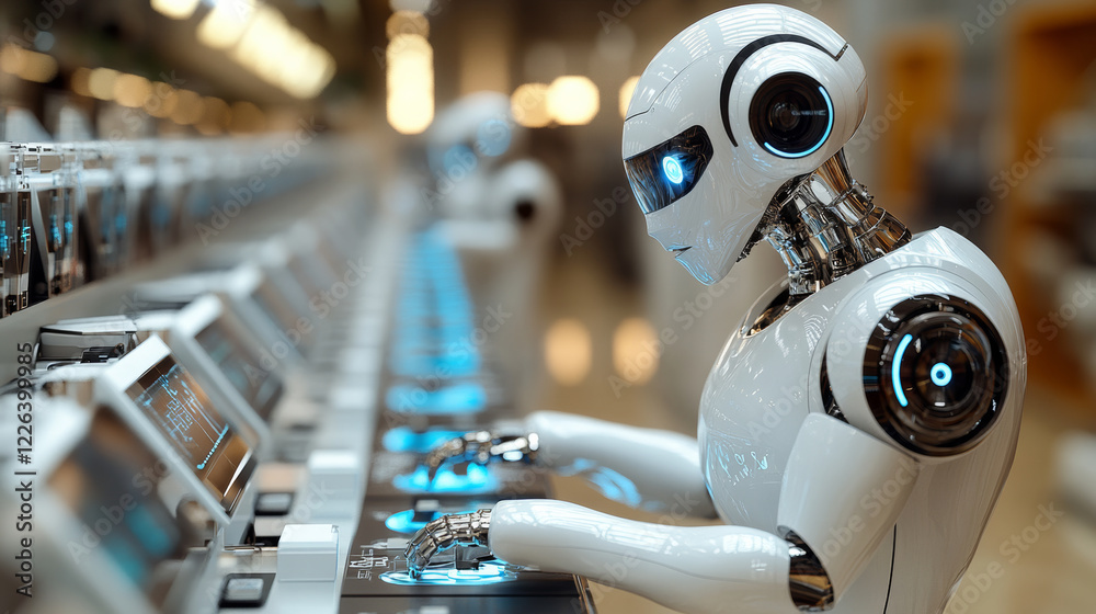 Fototapeta premium robotics lab showcasing robotic arm performing tasks with precision and advanced technology. environment is modern and innovative, highlighting automation and engineering